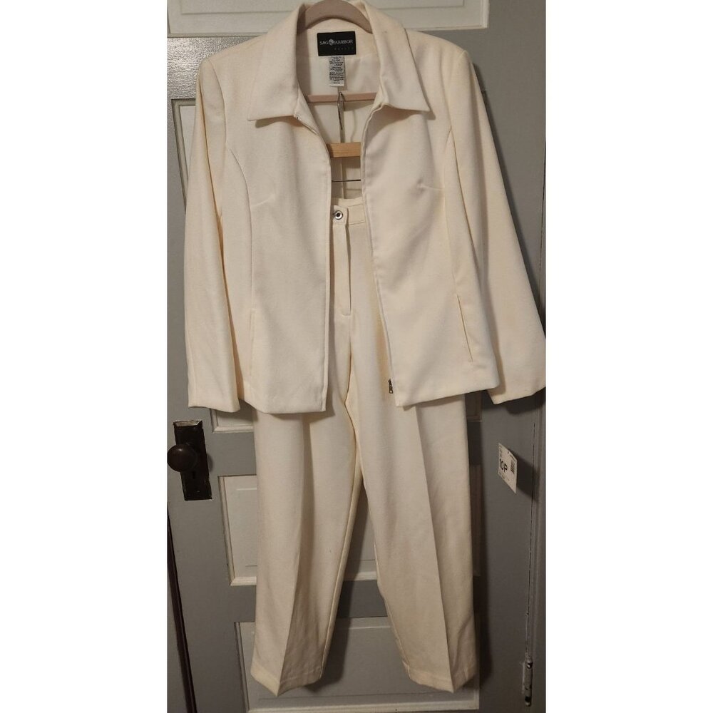 Sag Harbor Pant Suit Size 10P Pleated Front Zip Pants/ Zip Front Jacket Vanilla